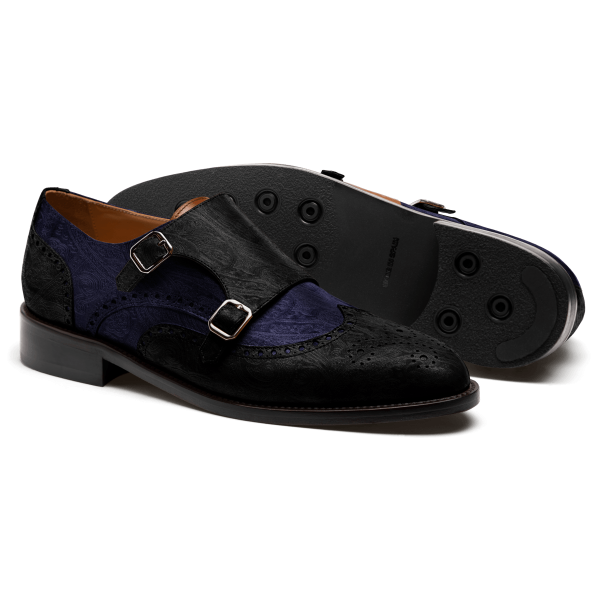 Double monk brogue shoes - black & blue velvet