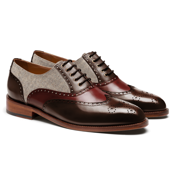 Brogue Shoes - brown, burgundy & beige flora leather & tweed