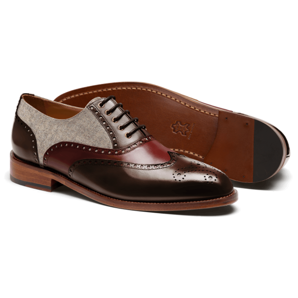 Brogue Shoes - brown, burgundy & beige flora leather & tweed