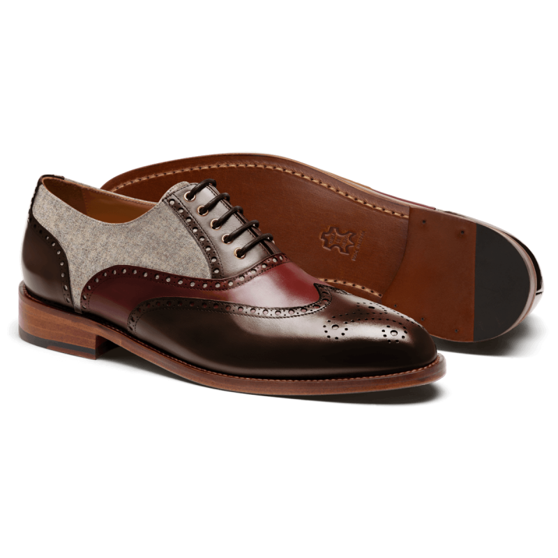 Brogue Shoes - brown, burgundy & beige flora leather & tweed