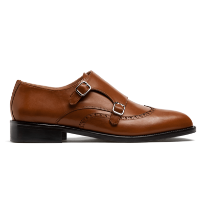 Double monk brogue shoes - brown italian calf leather