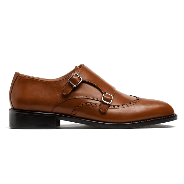 Double monk brogue shoes - brown italian calf leather