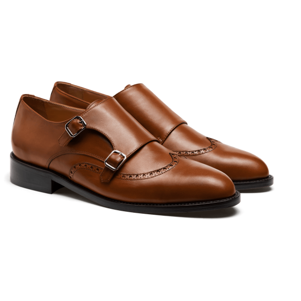 Double monk brogue shoes - brown italian calf leather