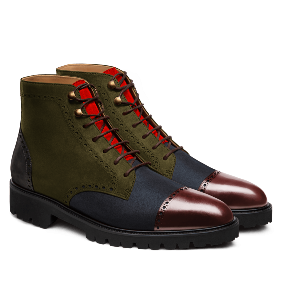 Brogue Leather boots - oxblood, blue, green & grey flora leather, suede & waxed leather