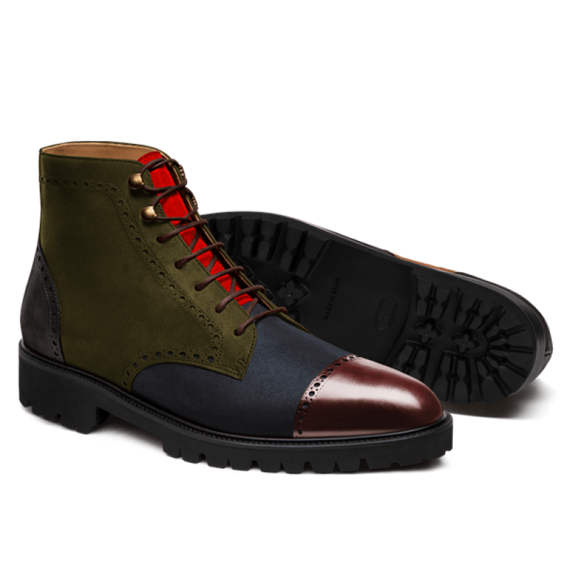 Brogue Leather boots - oxblood, blue, green & grey flora leather, suede & waxed leather