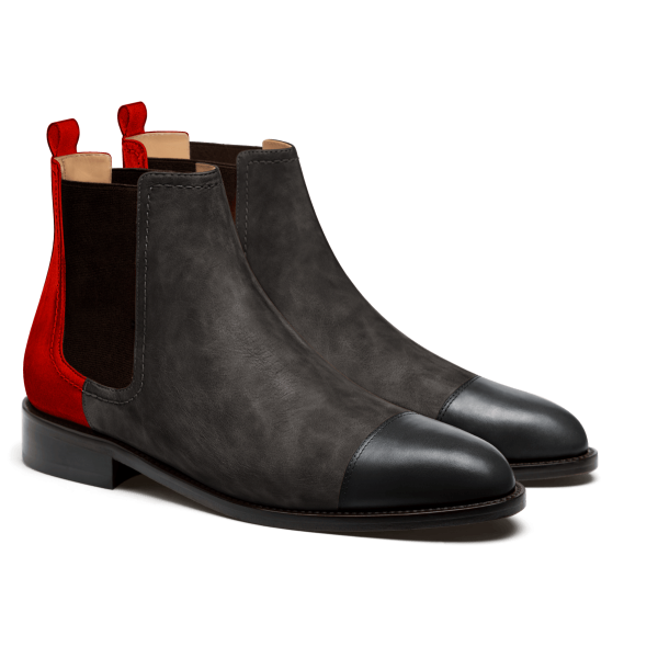 2 tone Chelsea Boots - black, grey & burgundy leather, waxed leather & suede