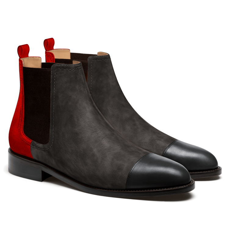 2 tone Chelsea Boots - black, grey & burgundy leather, waxed leather & suede