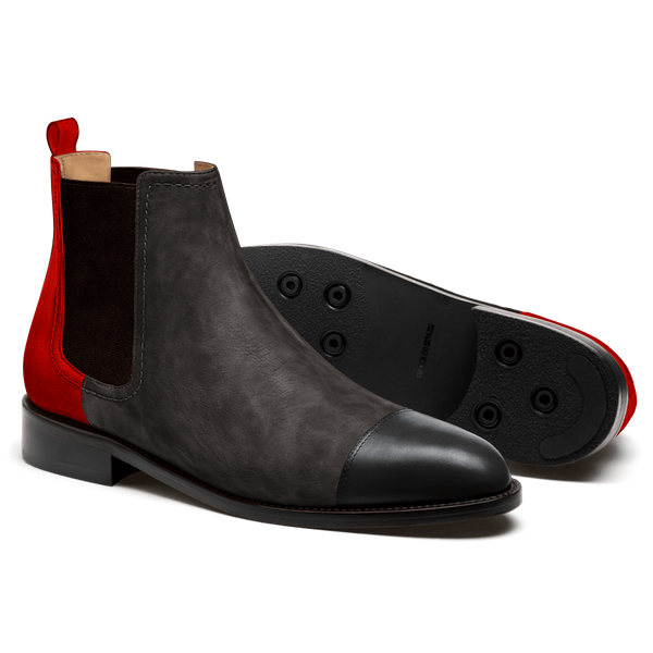 2 tone Chelsea Boots - black, grey & burgundy leather, waxed leather & suede