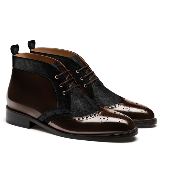 Brogue Men's Chukka Boots - brown & black flora leather & velvet