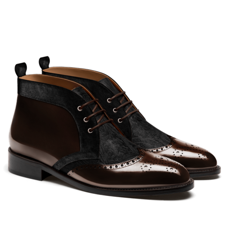 Brogue Men's Chukka Boots - brown & black flora leather & velvet