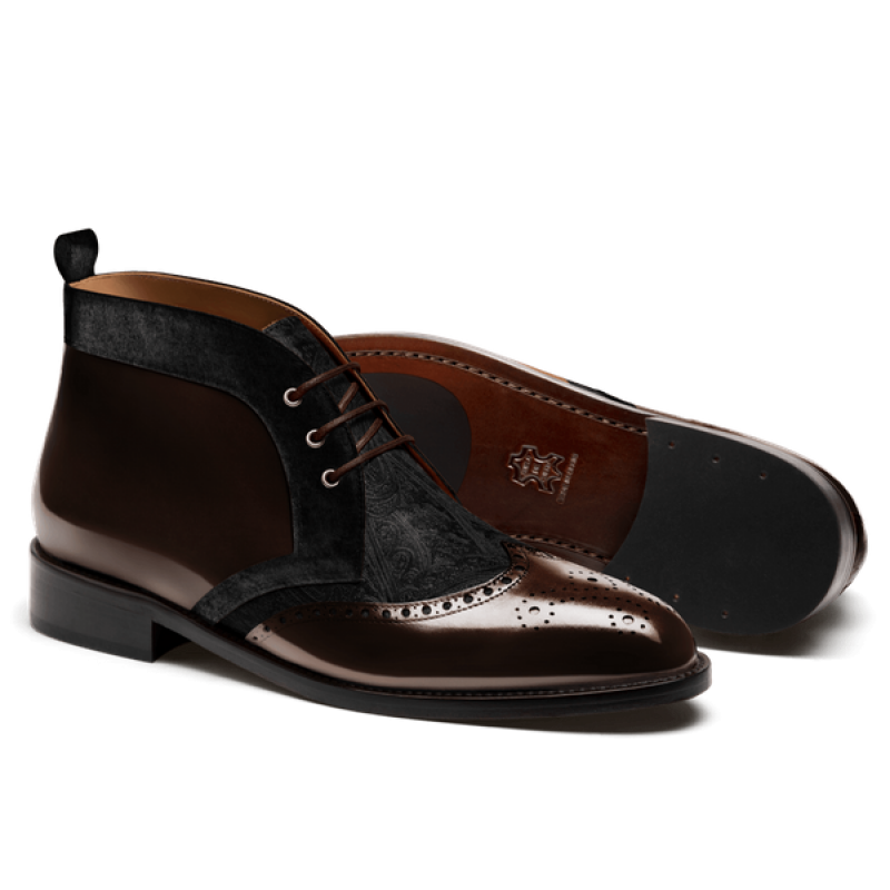 Brogue Men's Chukka Boots - brown & black flora leather & velvet