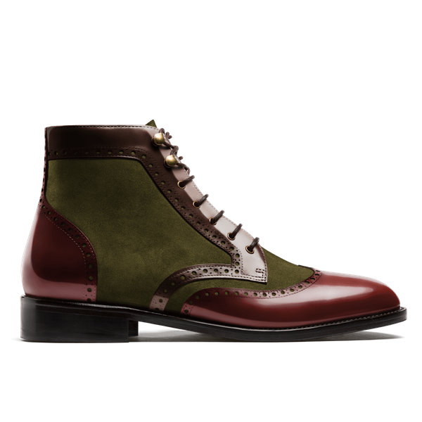 Brogue Dress Boots - burgundy, green & brown flora leather & suede