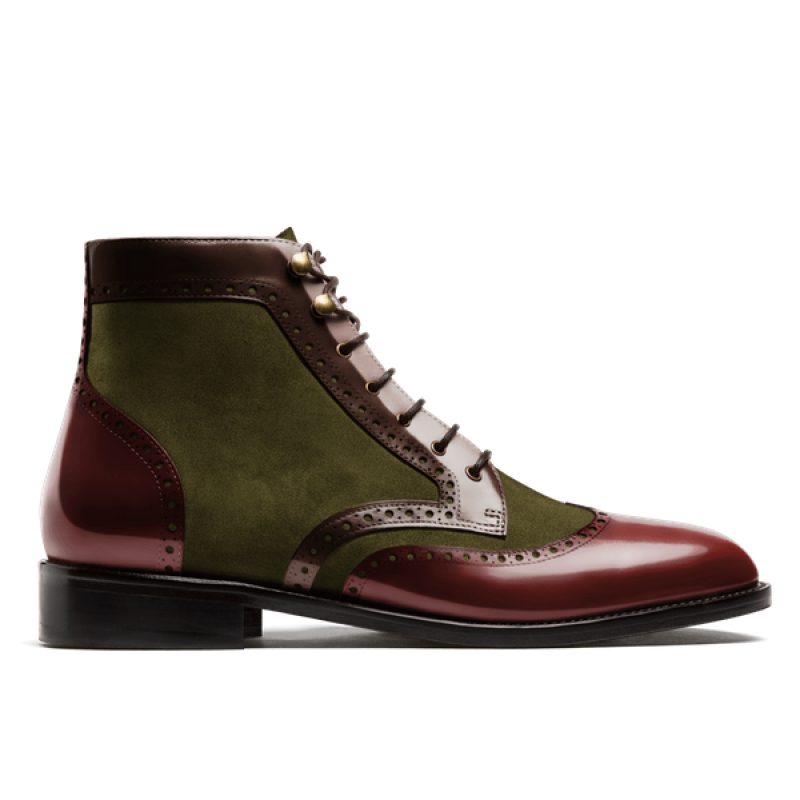 Brogue Dress Boots - burgundy, green & brown flora leather & suede