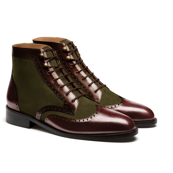 Brogue Dress Boots - burgundy, green & brown flora leather & suede