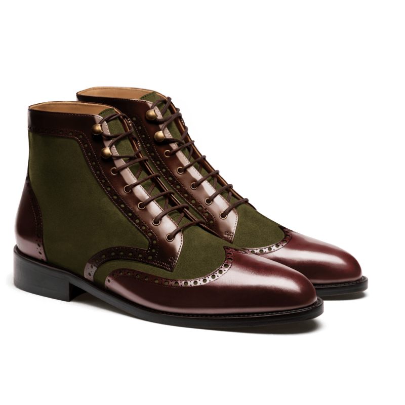 Brogue Dress Boots - burgundy, green & brown flora leather & suede