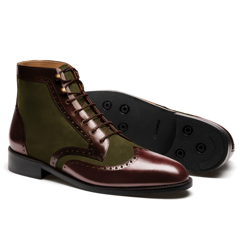 Brogue Dress Boots - burgundy, green & brown flora leather & suede