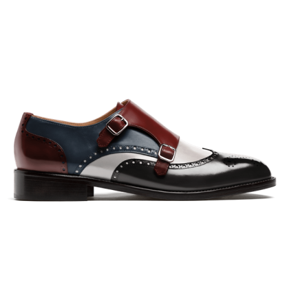 Double monk brogue shoes - black, white, blue & oxblood flora leather & leather