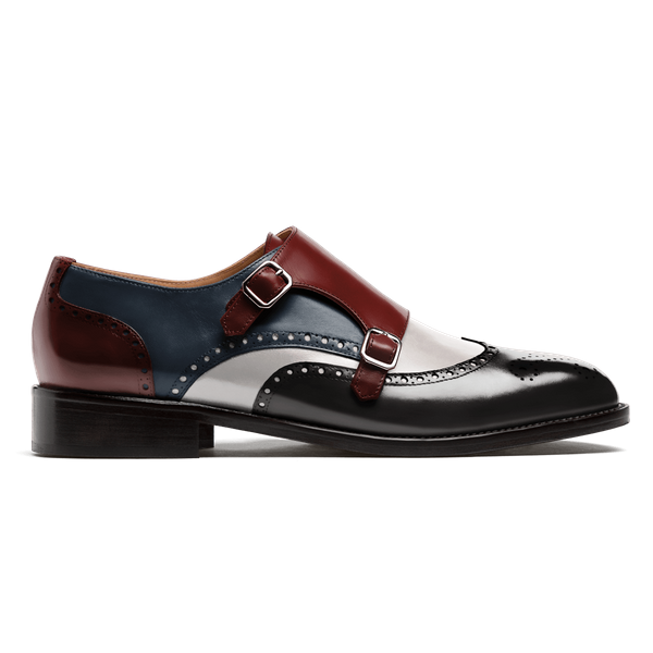 Double monk brogue shoes - black, white, blue & oxblood flora leather & leather