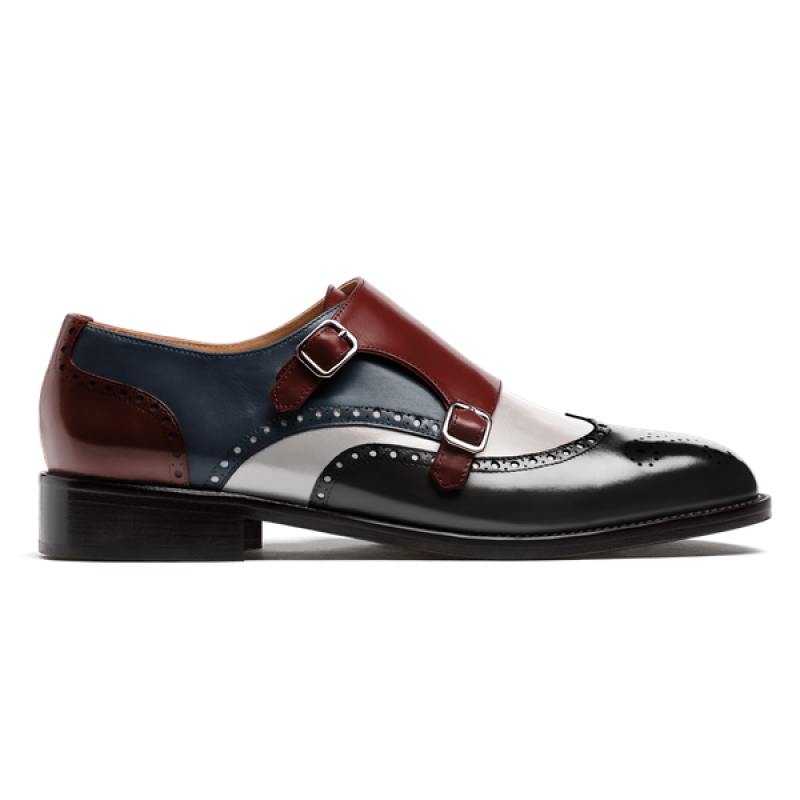 Double monk brogue shoes - black, white, blue & oxblood flora leather & leather