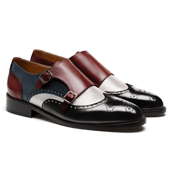 Double monk brogue shoes - black, white, blue & oxblood flora leather & leather