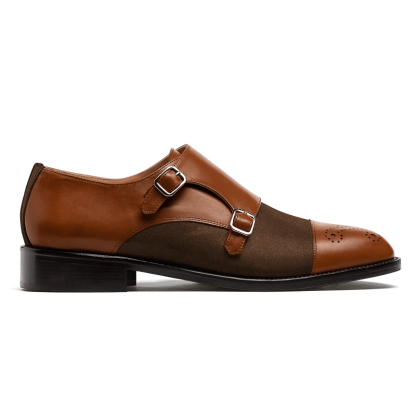 Cap toe Monk strap shoes - brown leather & suede