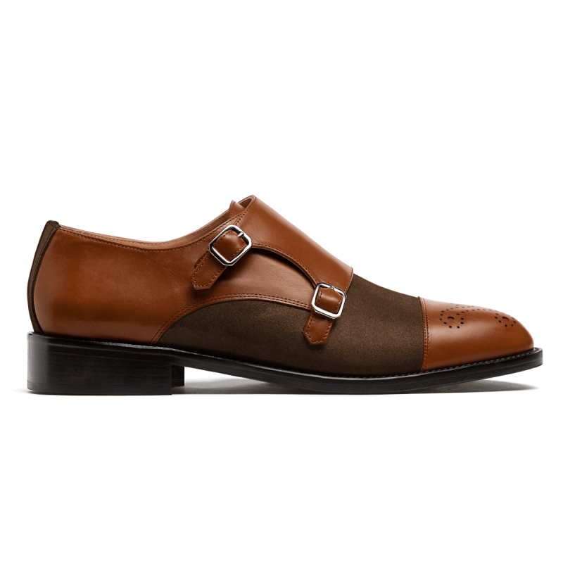 Cap toe Monk strap shoes - brown leather & suede