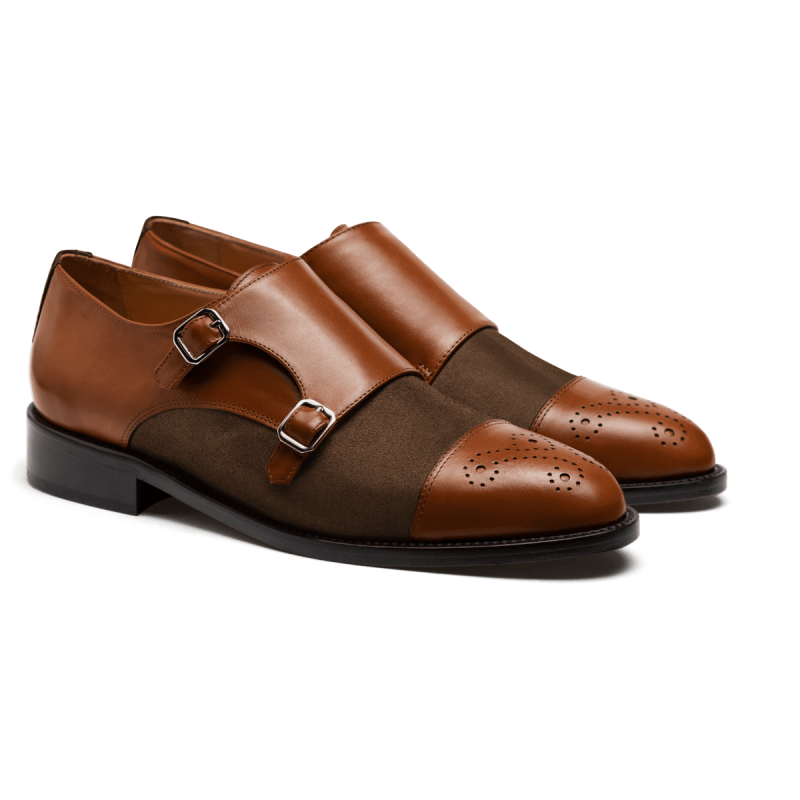 Cap toe Monk strap shoes - brown leather & suede