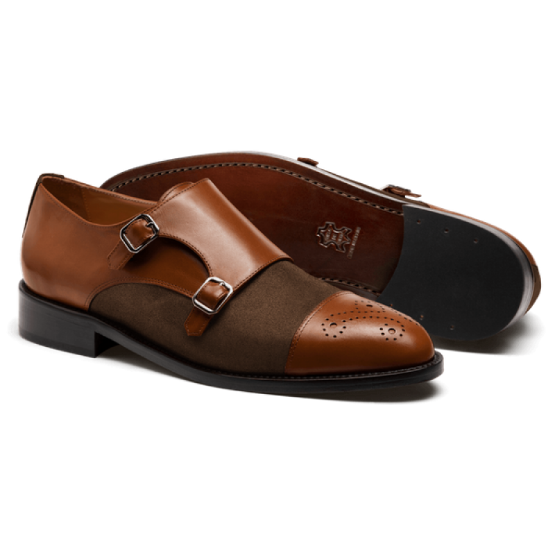 Cap toe Monk strap shoes - brown leather & suede