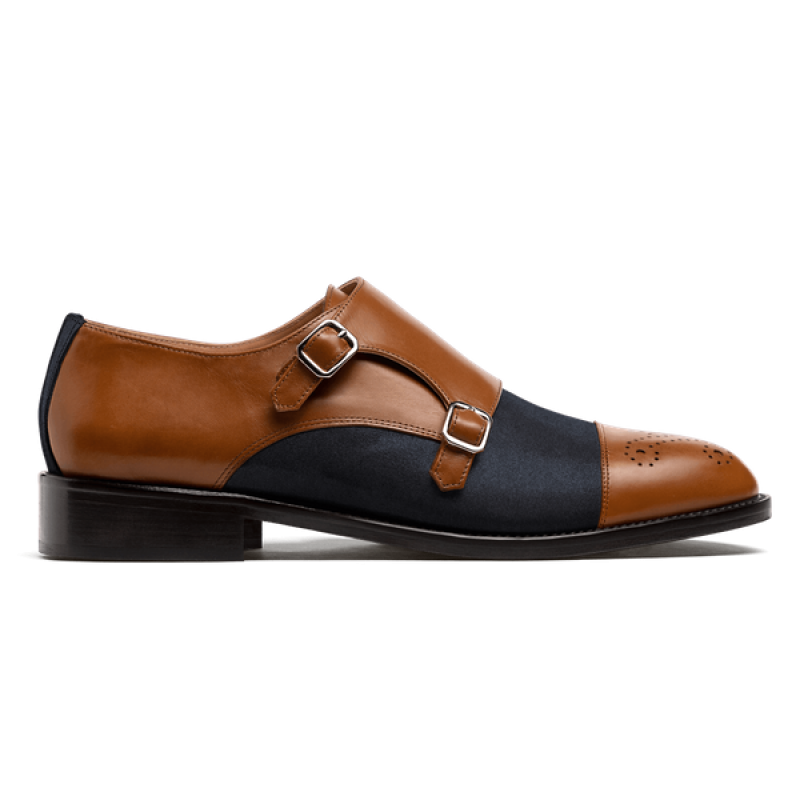 Cap toe Monk strap dress shoes - brown & blue leather & suede