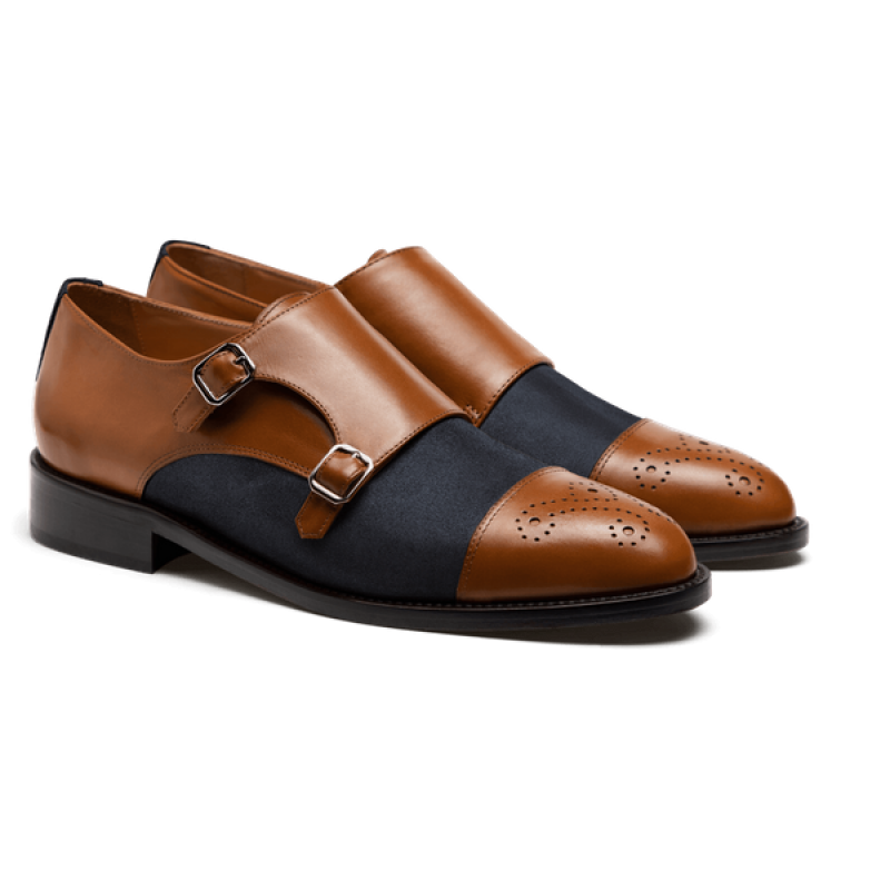 Cap toe Monk strap dress shoes - brown & blue leather & suede