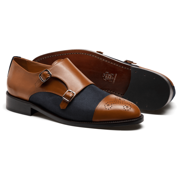 Cap toe Monk strap dress shoes - brown & blue leather & suede