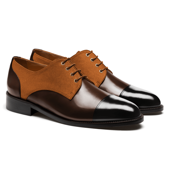 Cap toe Derbys - black & brown flora leather & suede