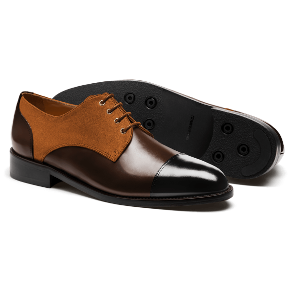 Cap toe Derbys - black & brown flora leather & suede