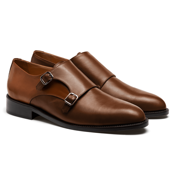 Double Monk shoes - brown & beige leather & tweed