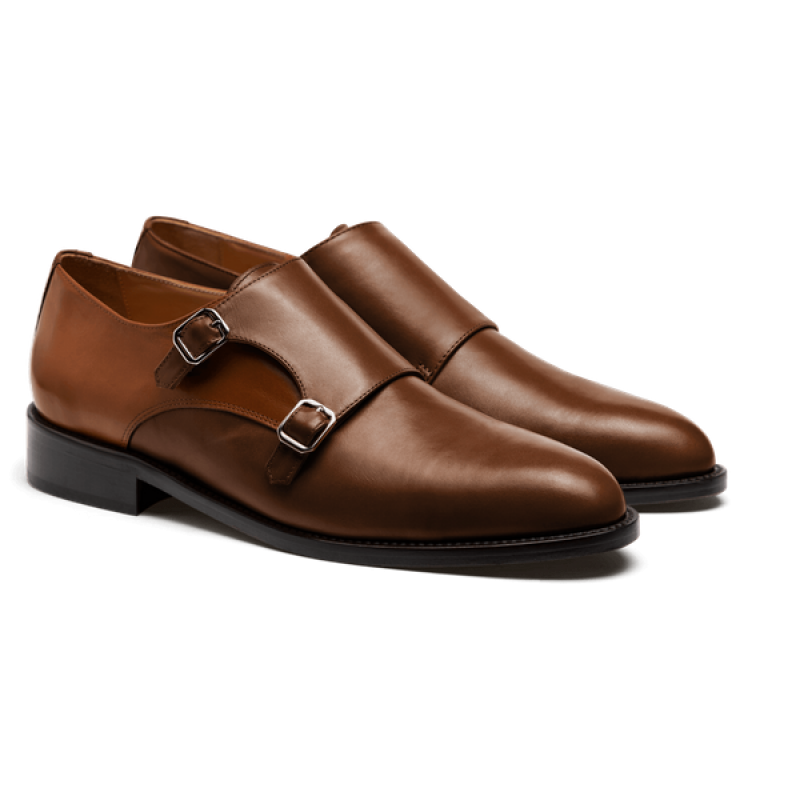 Double Monk shoes - brown & beige leather & tweed