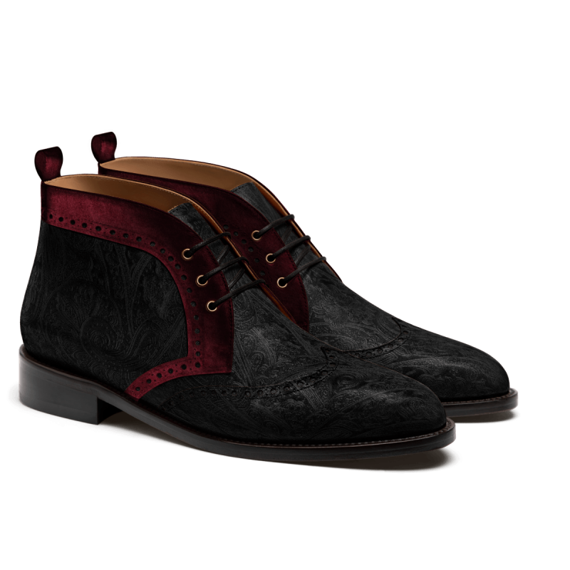 Brogue Men's Chukka Boots - black & oxblood velvet