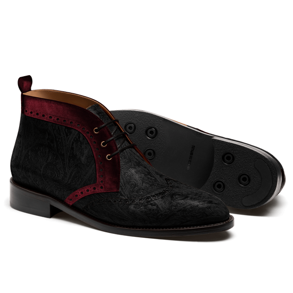 Brogue Men's Chukka Boots - black & oxblood velvet