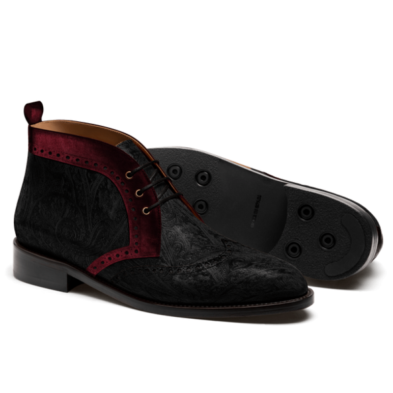 Brogue Men's Chukka Boots - black & oxblood velvet