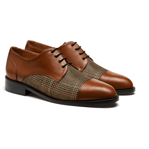 Cap toe Derby shoes - brown leather & tweed