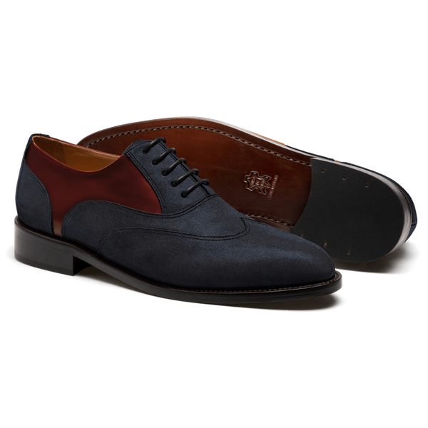 Wingtip Oxford shoes - blue & burgundy suede & flora leather