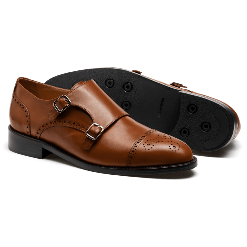 Double monk brogue shoes - brown italian calf leather