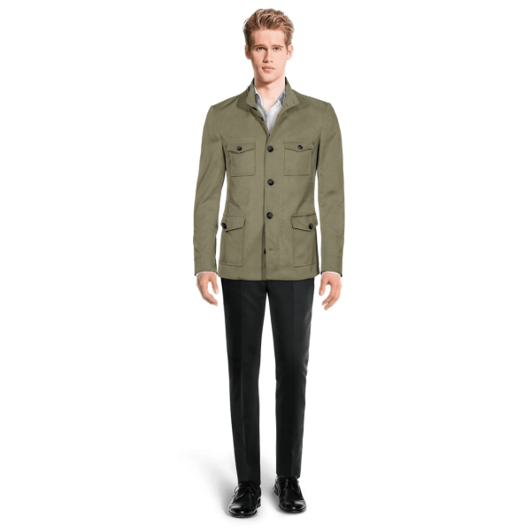 Lightweight green linen-cotton Field jacket with hidden hood
