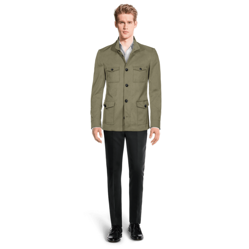 Lightweight green linen-cotton Field jacket with hidden hood