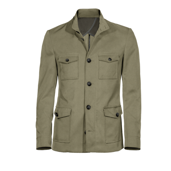 Lightweight green linen-cotton Field jacket with hidden hood