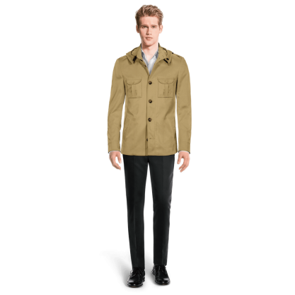 Lightweight Buttoned Sand cotton Field jacket with detachable hood