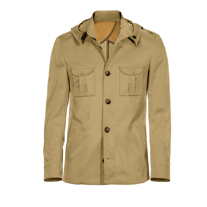 Lightweight Buttoned Sand cotton Field jacket with detachable hood