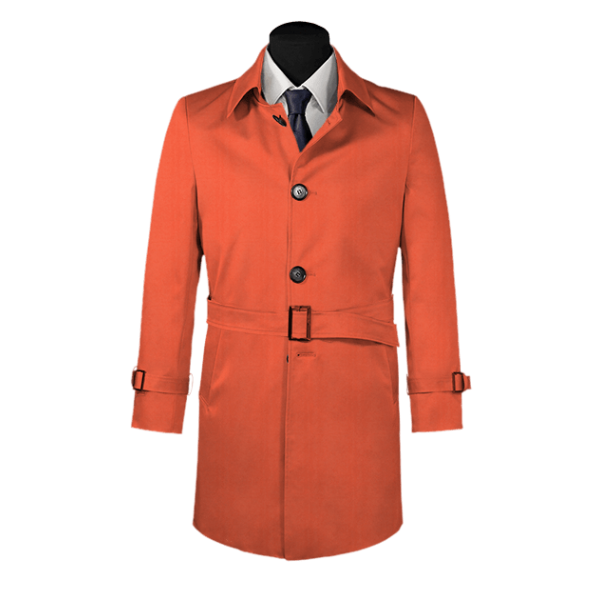 Red belted single-breasted long trench coat