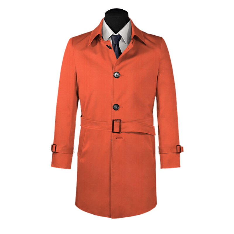 Red belted single-breasted long trench coat