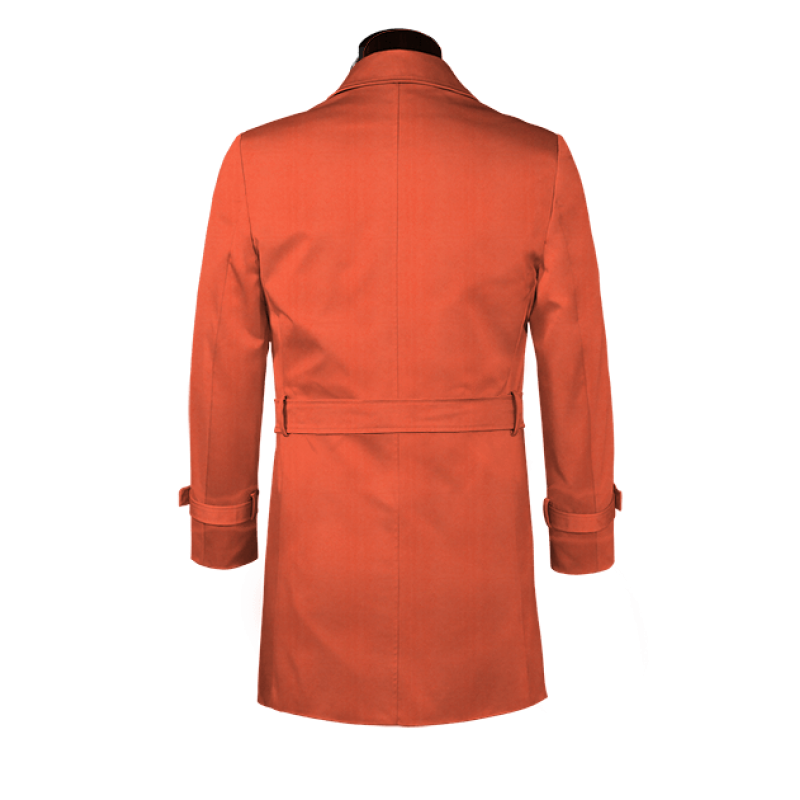 Red belted single-breasted long trench coat