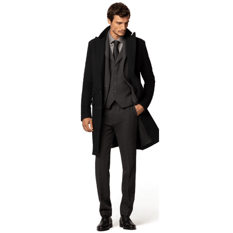 Black Long Peak Lapel Overcoat with contrasted Collar